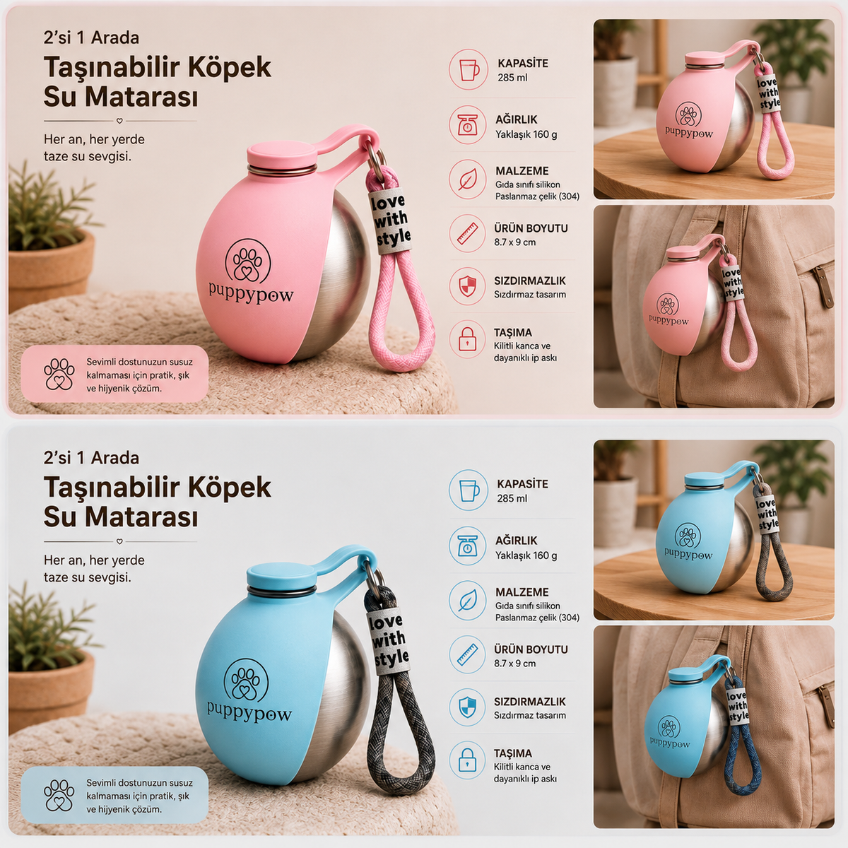 Evcil Hayvan Seyahat Sızdırmaz Pratik Çelik Su Matarası –  | 285 ml