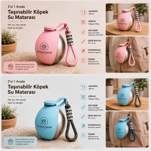 Evcil Hayvan Seyahat Sızdırmaz Pratik Çelik Su Matarası – 1.699 TL | 285 ml